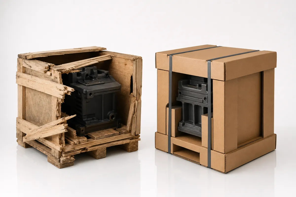Freight packaging comparison showing palletized shipping options and protective materials