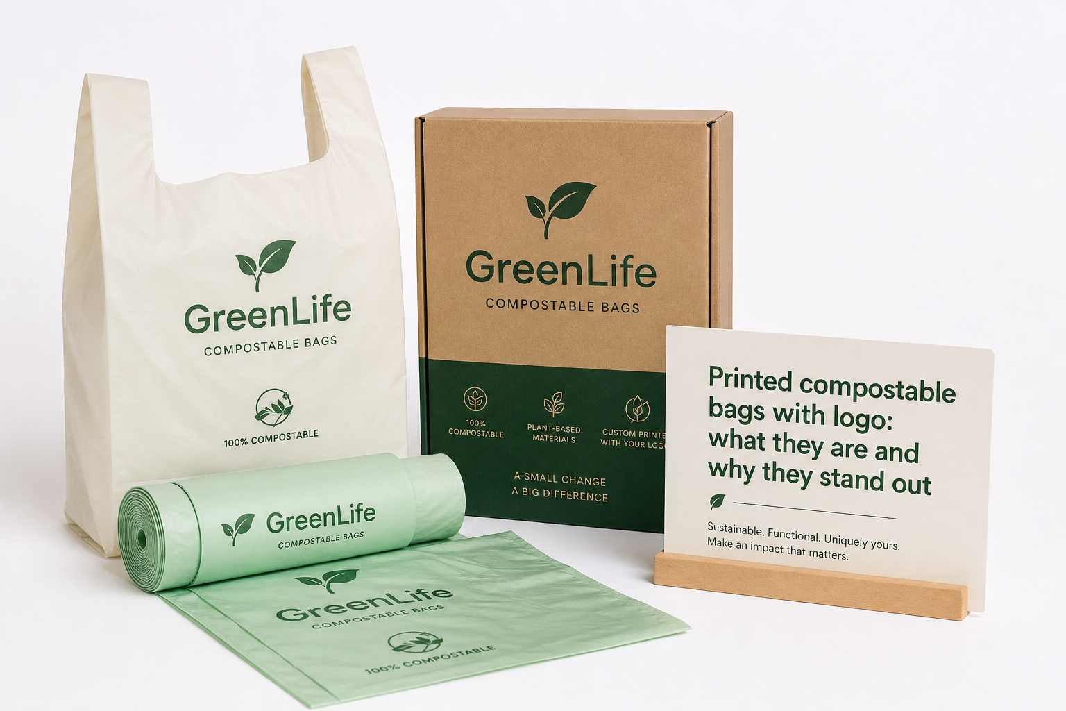 Printed Compostable Bags with Logo: Film, Print, MOQ, and Carton Packing