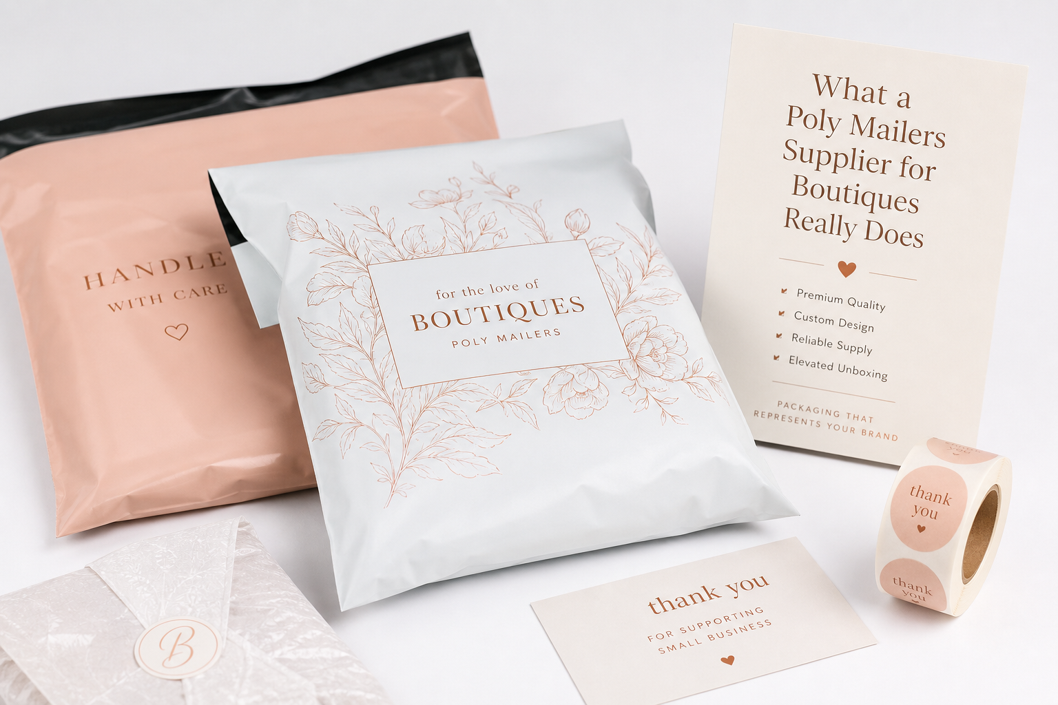 Poly Mailers Supplier for Boutiques: Film, Print, MOQ, and Carton Packing