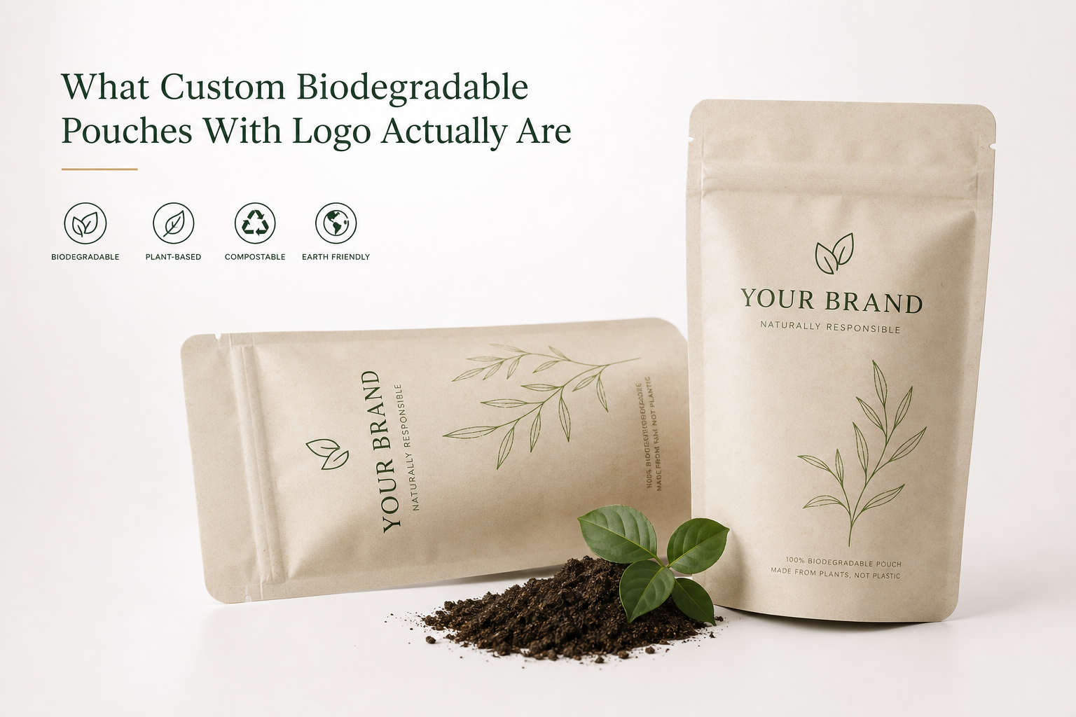 Custom Biodegradable Pouches with Logo: Film, Print, MOQ, and Carton Packing