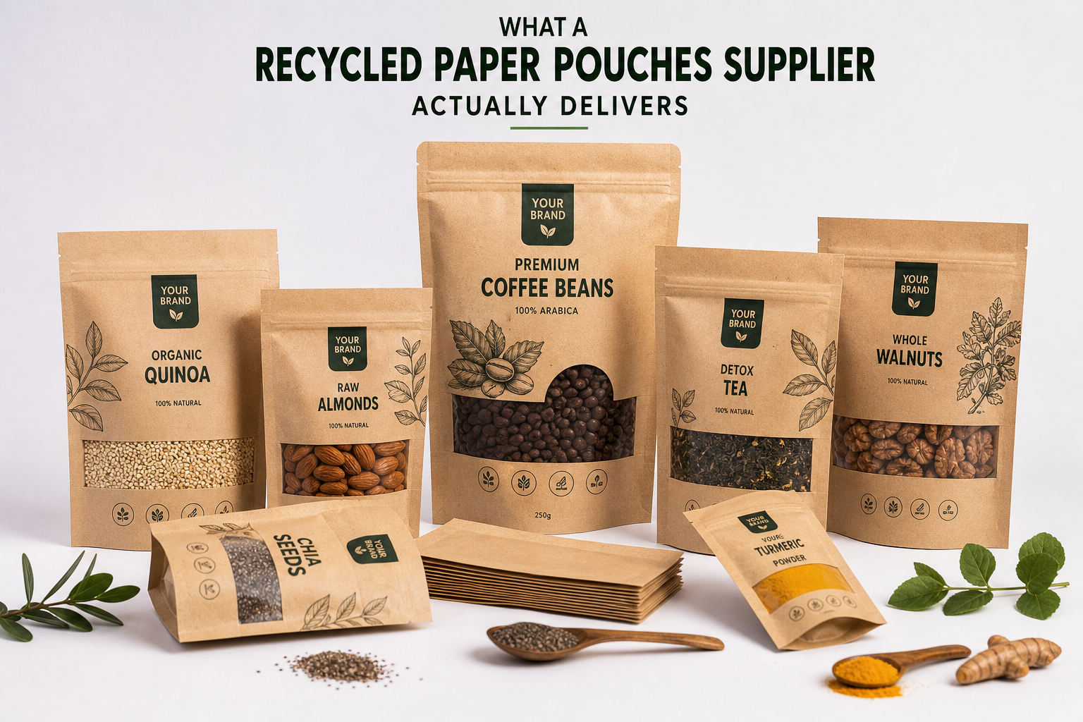 Recycled Paper Pouches Supplier: Film, Print, MOQ, and Carton Packing