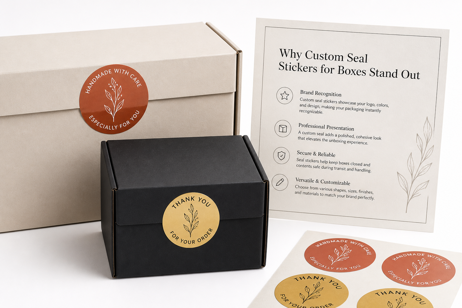 Custom Seal Stickers for Boxes: Material, Adhesive, Artwork, and MOQ
