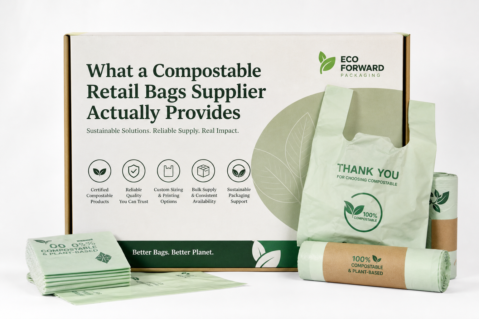 Compostable Retail Bags Supplier: Film, Print, MOQ, and Carton Packing