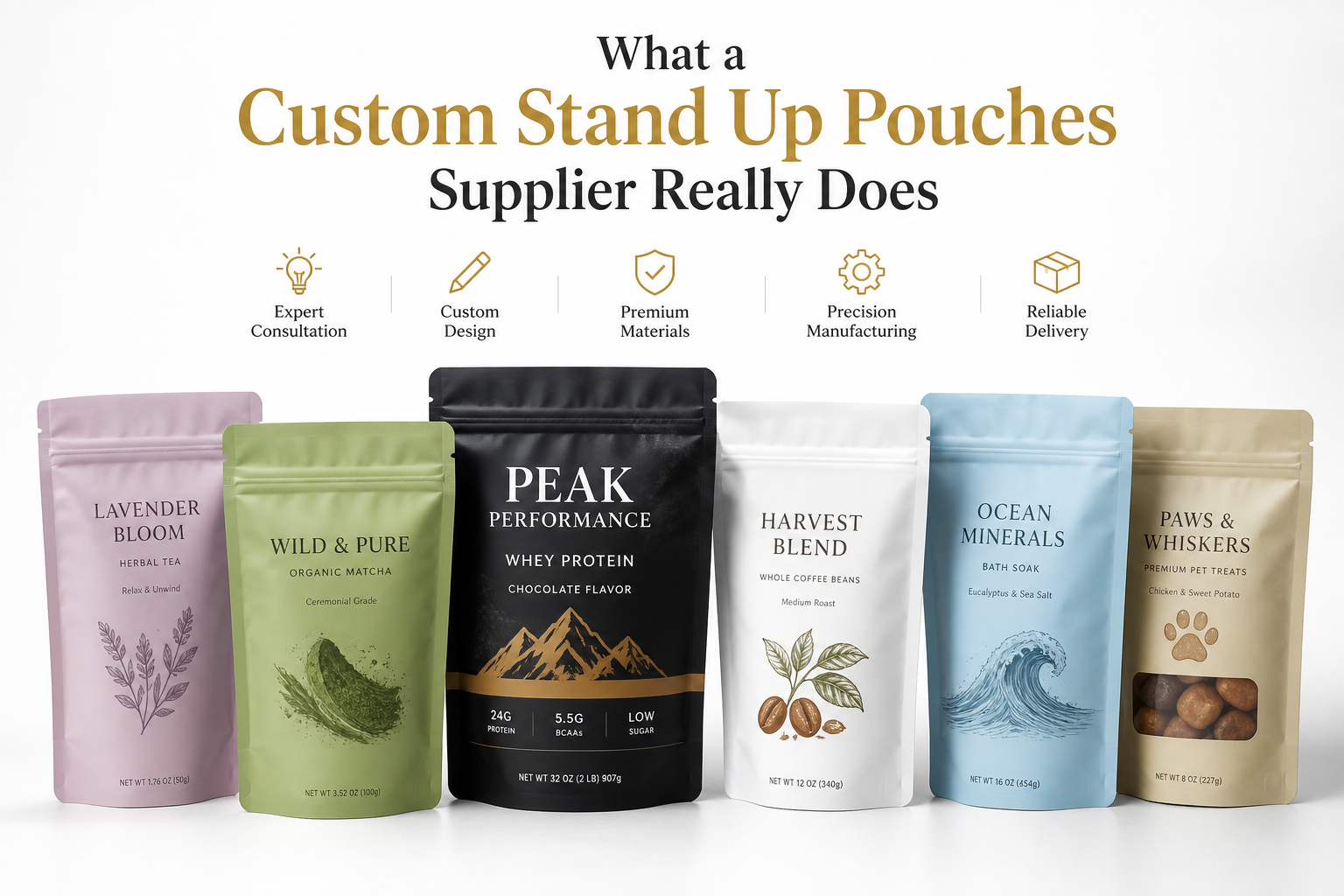 Custom Stand Up Pouches Supplier: Film, Print, MOQ, and Carton Packing