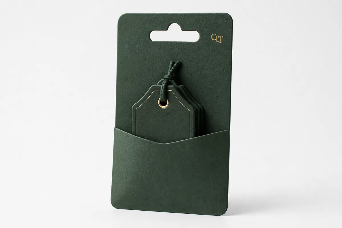 Die Cut Hang Tags with Logo: Material, Adhesive, Artwork