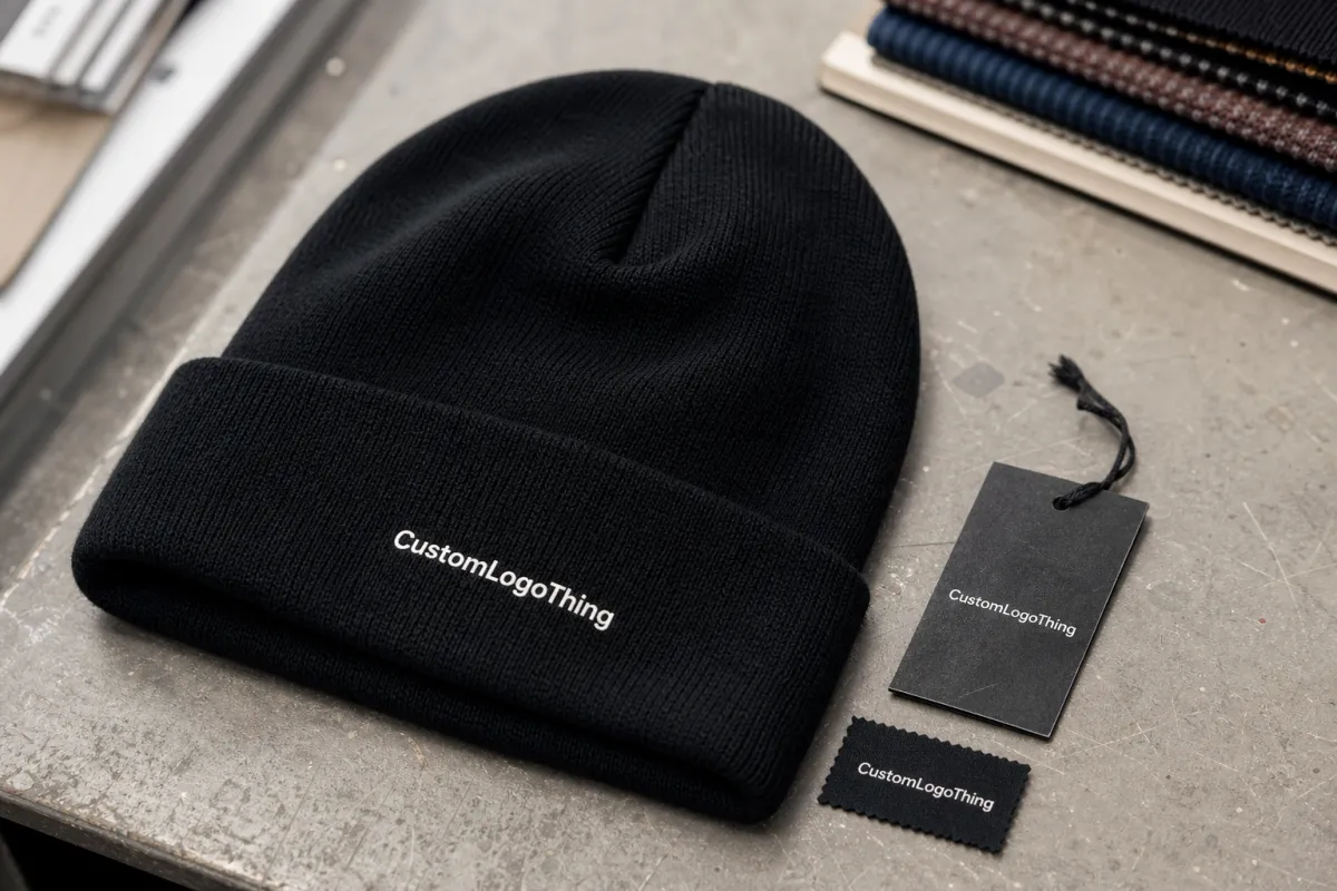 Retail merch beanies woven label quote: order smarter