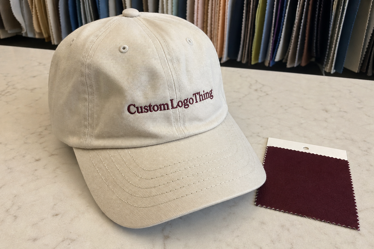 Wine club unstructured dad hats material sample guide: why it matters - CustomLogoThing packaging example