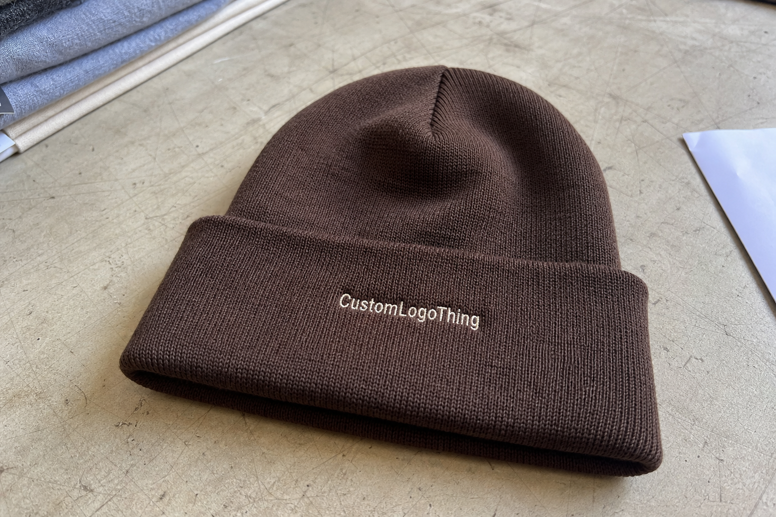 Chocolate Cuffed Knit Beanies Material Sample Guide to Order