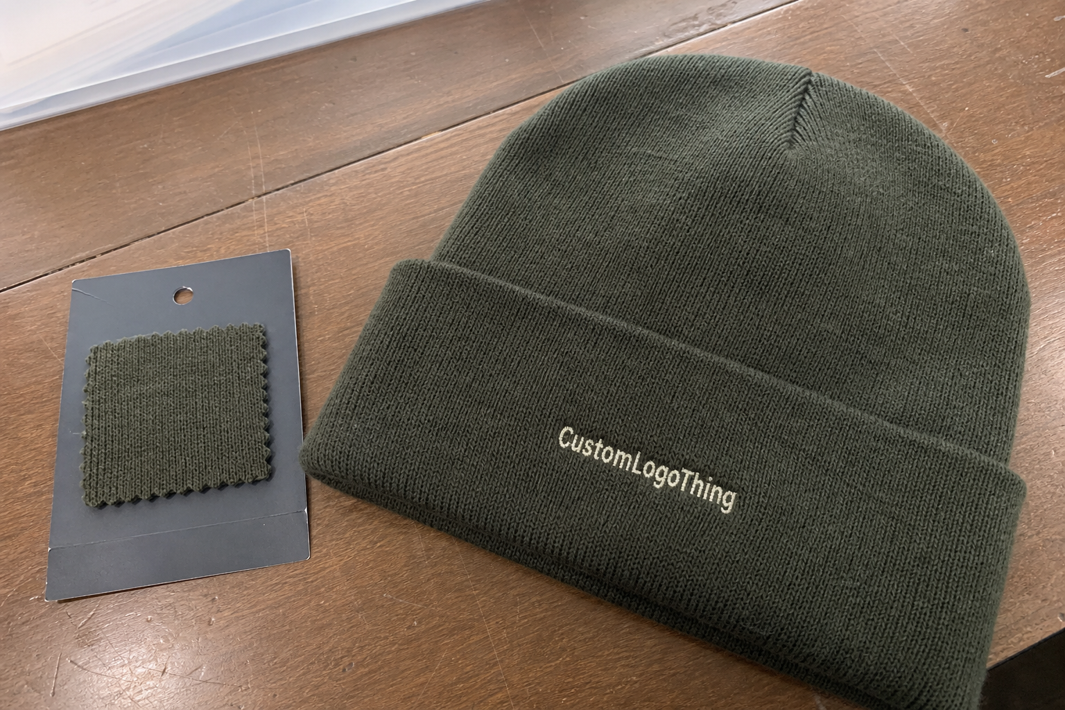Tea Embroidered Beanies Material Sample Guide to Request