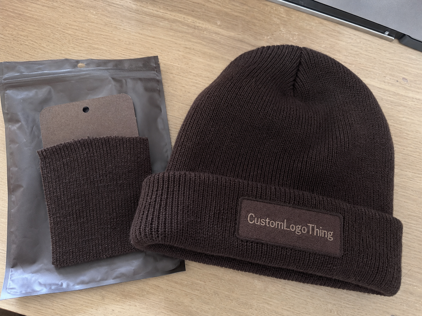 Chocolate Embroidered Beanies Material Sample Guide