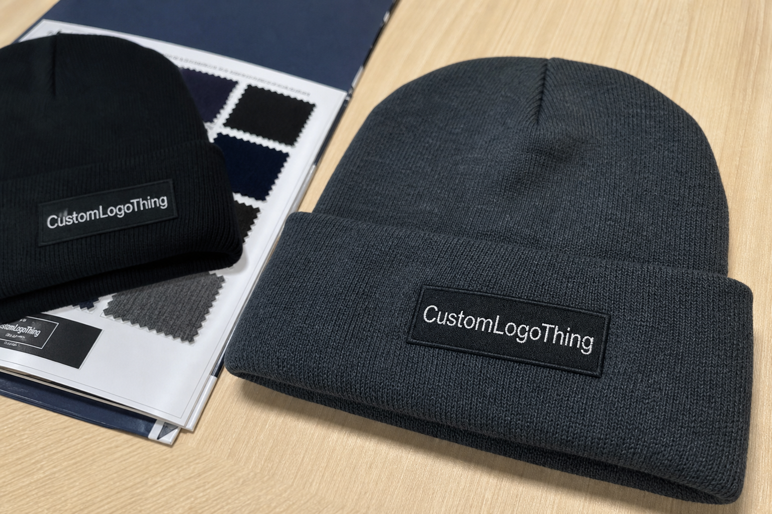Vitamin Logo Patch Beanies Material Sample Guide for Buyers
