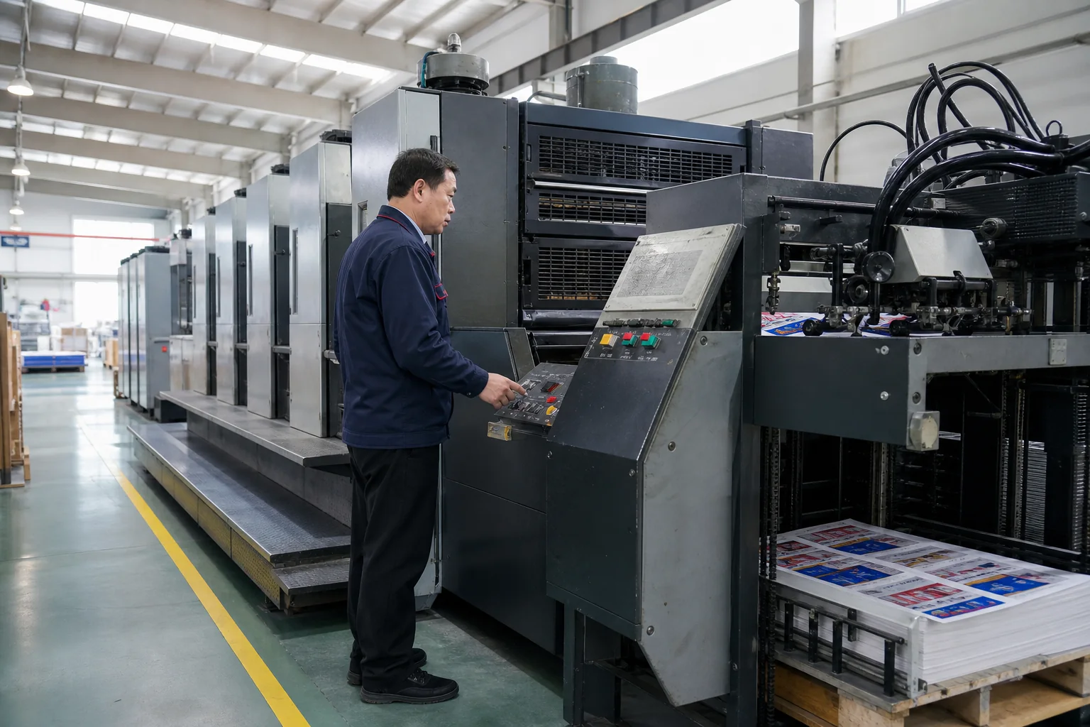 Packaging press operator monitoring printed sheets