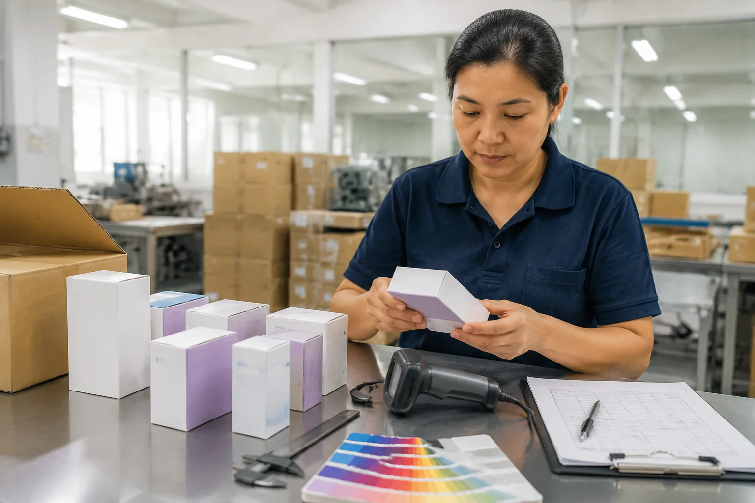 Quality inspector checking finished custom packaging